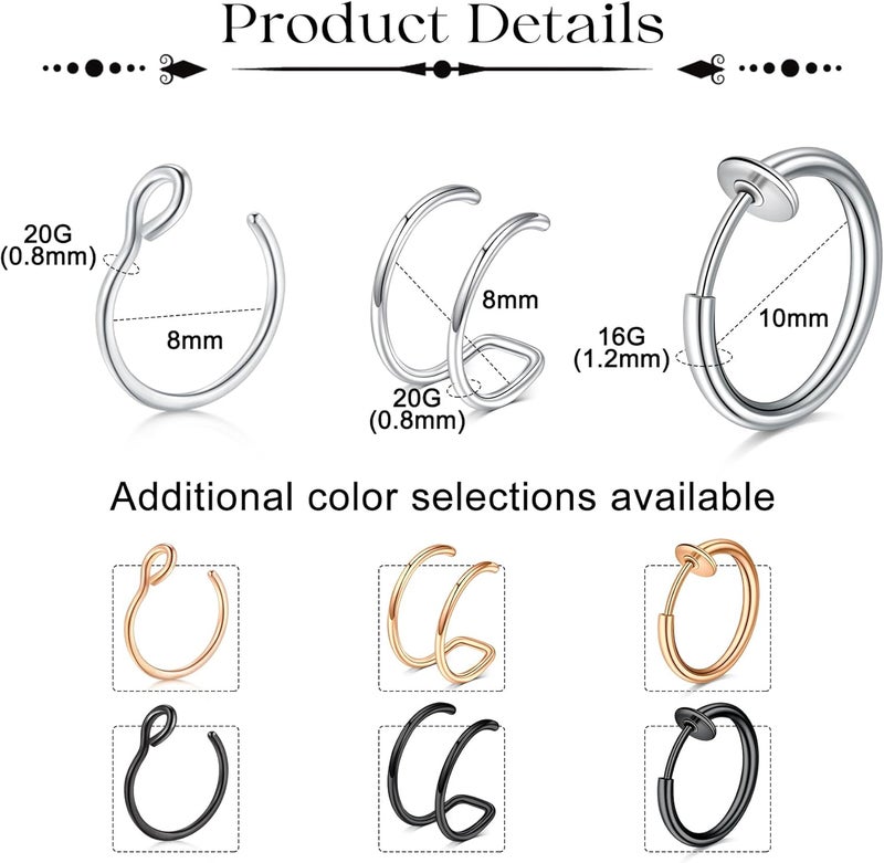 JFORYOU Fake Eyebrow Ring Fake Lip Labret Studs Replacement Balls Spike with 100pcs Sticker Non-Piercing Body Jewelry Fake Skin Piercing - Image 2
